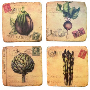Manual Woodworkers Retro Vegetable Stone Coasters Set 4 Cork Backed 4" New Boxed